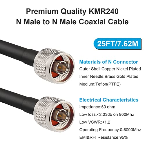 MOOKEERF KMR240 N Cable - 25FT Ultra Low Loss N Male to N Male Cable Pure Copper 50 ohm for 3G/4G/5G/LTE/ADS-B/Ham/GPS/WiFi/RF Radio to Antenna or Signal Booster Use - size: 25FT