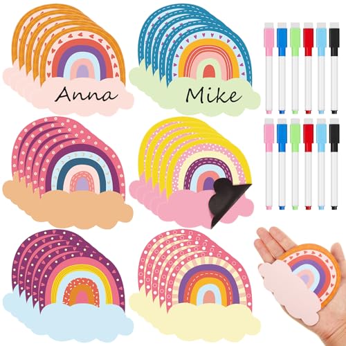 Henoyso 60 Pcs Rainbow Magnetic Name Tags for Classroom with 12 Markers - style: Rainbow