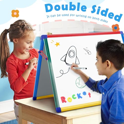 SWANCROWN Magnetic Board for Kids - Tabletop White Board for Children- 24x18 Inch Double Sided Foldable Dry Erase Board Standing with 82Pcs Alphabet Magnets Whiteboard Letters - color: ‎tabletop Whiteboard
