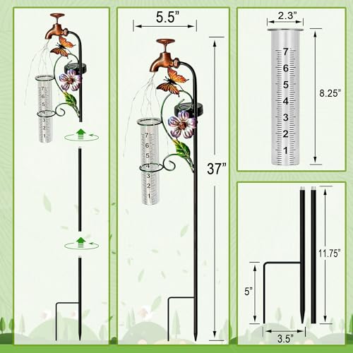 37in Solar Butterfly Rain Gauge Copper Faucet Metal Garden Stake Decor - color: Bronze Faucet