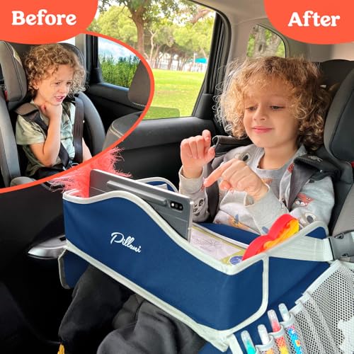 PILLANI Kids Travel Tray for Car - Toddler Travel Essential with iPad Holder & Dry Erase Board - Road Trip Essentials - Carseat Table - Toddler Lap Desk Organizer for Airplane - Kids Travel Essentials - color: Blue