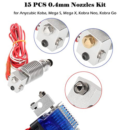 15PCS Nozzles Kit for Anycubic Koba, 3D Printer Parts 5PCS Hardened Steel + 5PCS Stainless Steel + 5PCS Brass 0.4mm Nozzles Kit for Mega S, Mega X, Kobra Neo, Kobra Go - style: Mega Brass+Harden Steel+Stainless steel - 0.4mm