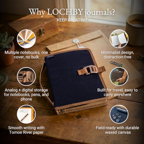 LOCHBY® Field Journal | Planner Cover | Water Resistant Waxed Canvas | Pen Loop | Included Tomoe River Notebook | Perfect for Travel, Art, Bullet Journal - color: Nautical, size: A5 Hook