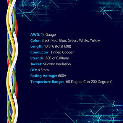 Fermerry 12 AWG Stranded Wire Spool 10ft Each 6 Colors - size: 10FT, style: 12 AWG-6C