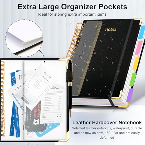 Hardcover Spiral Notebook 8"x10" Journal Notebook with Tabs and Removable Dividers 300 Pages 5 Subject Notebook College Ruled, Faux Leather Spiral Bound Notebook for Women School Work (Black) - color: Black, size: 8"x10"(B5)