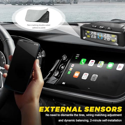 Sun Walker Tire Pressure Monitoring System, Wireless Tire Pressure Monitor with 4 Sensors & 6 Alarm Modes, Real-Time LCD Display TPMS with Solar & USB Charger for RV Truck Trailer