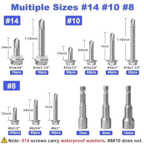 470Pcs Self Tapping Screws for Metal #8#10#14, Hakkin 410 Stainless Steel Self Drilling Screws Assortment Kit, Hex Washer Head Sheet Metal Screws Kit, Tek Screws 1/2" 3/4" 1" 1-1/2", Socket Included - size: N. #8#10#14