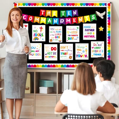 Ten Commandments Bulletin Board Set Christian Bible Verse Classroom Decor White Base Inspirational Religious Scripture Cutouts for Back to School Party Classroom Home Chalkboard Wall Door Decor - style: White Base Ten Commandments