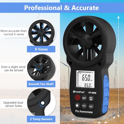 HOLDPEAK 981C Non-Contact Infrared Thermometer Digital Laser Infrared Thermometer -58 to 1022℉ (-50 to 550℃) with Adjustable Emissivity + 866B Digital Anemometer Handheld Wind Speed Meter (2Packs)
