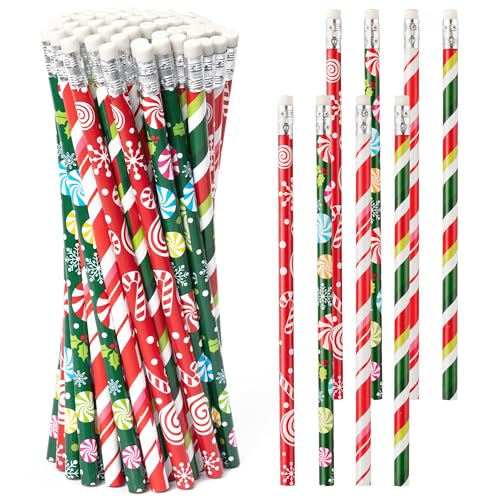 Xqumoi 60Pcs Christmas Pencils with Eraser - #2 HB Xmas Candy Cane Red Green Wood Pencils, School Classroom Student Rewards Office Supply Holiday Goodie Bag Fillers Stuffers Party Favors Gift - style: Christmas