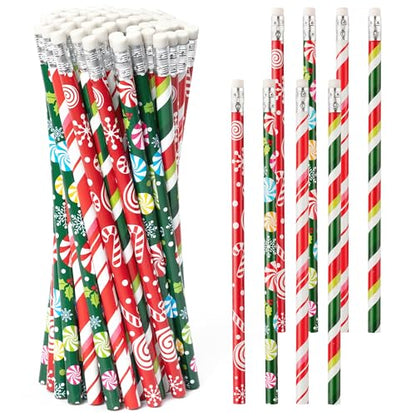 Xqumoi 60Pcs Christmas Pencils with Eraser - #2 HB Xmas Candy Cane Red Green Wood Pencils, School Classroom Student Rewards Office Supply Holiday Goodie Bag Fillers Stuffers Party Favors Gift - style: Christmas