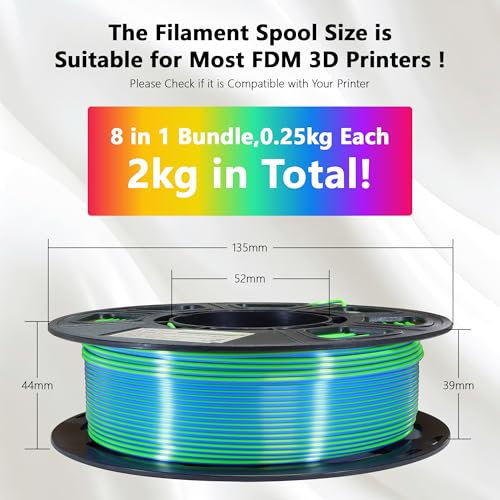 Silk PLA 2 Color in 1 Coextrusion 3D Printer Filament Bundle: White/Red, White/Blue, Blue/Purple, Lime GreenBlue, RedGold, RedBlack, GoldBlack, PurpleBlack, 2Kg Dual Color Silk PLA, 250g x 8 - color: 8 Colors Bundle: White to Red/White to Blue/Blue to Pur