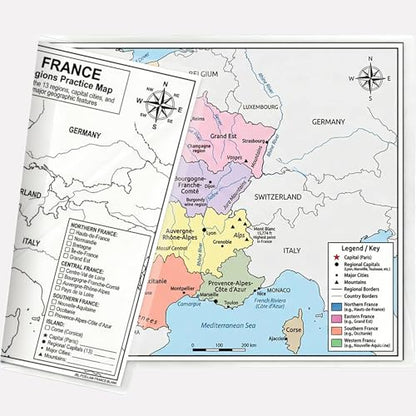 France Map Poster 11x17 | Laminated Double-Sided Geography Chart with Color Map Front & Blank Outline Back | Reusable Classroom & Homeschool Learning Tool - color: France