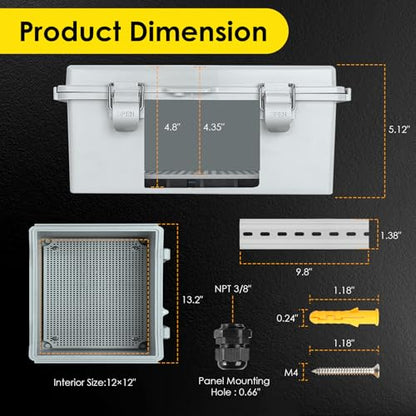 IP67 ABS Outdoor Electrical Junction Box Waterproof with Aluminum DIN Rail - color: Grey, size: 13''×13''×5''