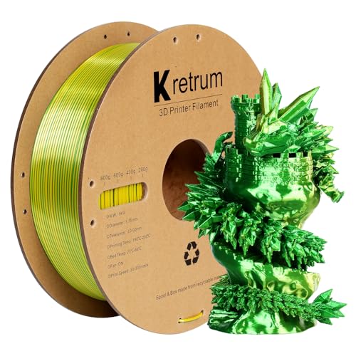 Kretrum Silk Dual Color PLA 1.75mm 3D Printer Filament 1 kg PLA Color Change 3D Printing Filament Fits Bambu Creality FlashForge Anycubic ELEGOO etc. Most FDM 3D Printers Green & Yellow - color: Silk Dual-color：yellow&green
