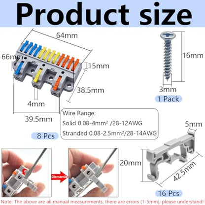 CESFONJER 3-in-12-out Lever Terminal Block Kit, Triple Input to Twelve Output Splicing Connectors, DIN Rail/Screw Mount, for 28-12AWG Conductors, Includes 8 Kits - color: set2