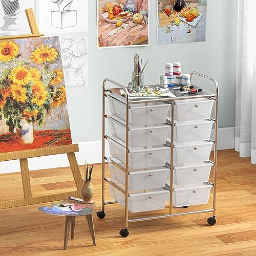 COSTWAY 10 Drawer Rolling Storage Cart, Utility Cart with Lockable Wheels - color: Transparent, size: 10 Drawer