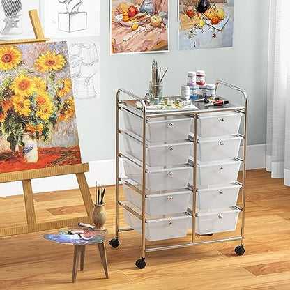 COSTWAY 10 Drawer Rolling Storage Cart, Utility Cart with Lockable Wheels - color: Transparent, size: 10 Drawer