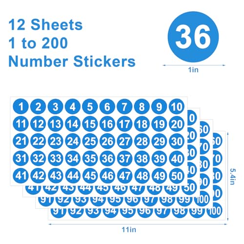 12 Sheets 1 to 200 Vinyl Number Stickers Blue Consecutive Number Stickers 3 Sets 1 Inch Self-Adhesive Waterproof Labels Inventory Stickers Decal for Indoor Outdoor Storage Organizing Classification - color: Blue,1",3sets(1-200)