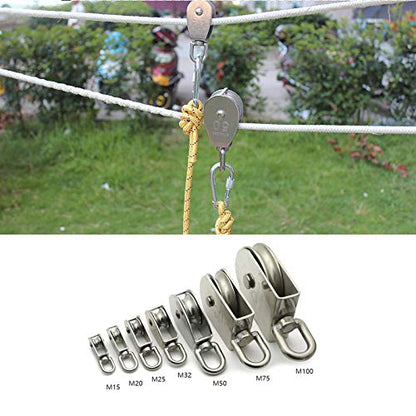 2-Pack M50 Single Pulley Block Stainless Steel Heavy Duty Hardware Single Wheel Swivel Rigging Lifting Wheel Fixed Pulley for Wire Rope Loading 400kg - size: 2-Pack M50
