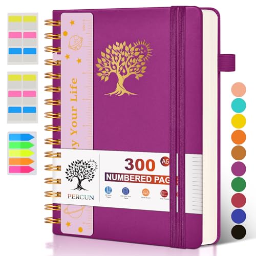 PERCUN Spiral Notebook 300 Numbered Lined Pages Hardcover Journal 5.9"x8.5" - color: Purple, size: A5 size (5.9in x 8.5in)