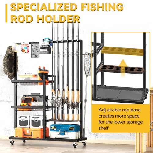 SOYEEZE Fishing Rod Holders for Garage,Fishing Gear Holder for Fishing Rod Tackle Box Storage，Fishing Pole Holders for 12 Rods with Hooks and Pegboard,Fishing Cart with 2 Baskets, Standard Size - size: Standard with baskets