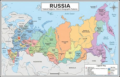 Russia Map Poster 11x17 | Laminated Double-Sided Geography Chart with Color Map Front & Blank Outline Back | Reusable Classroom & Homeschool Learning Tool - color: Russia