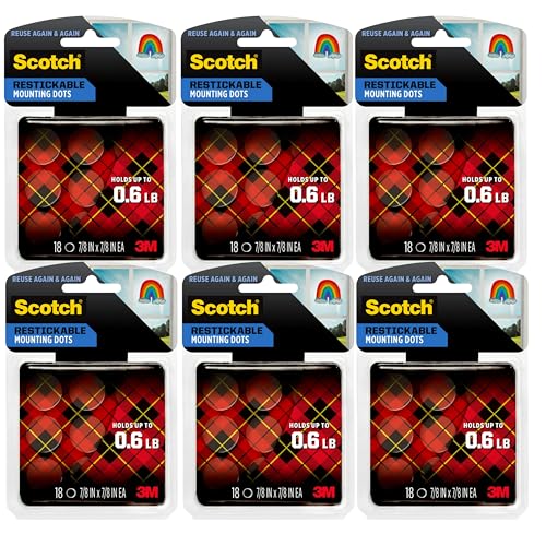 Scotch Restickable Mounting Dots, Clear, 7/8-Inch Circles, 108 Pack (6 Packs of 18)– Reusable Double-Sided Adhesive for Photos, Posters, and Lightweight Items