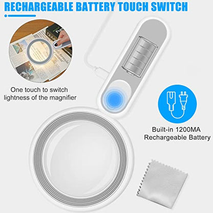 Rechargeable Magnifying Glass with Light, 30X 4.7IN Handheld Large Lightweight Lighted Magnify Len 21 LED 3 Modes Illuminated Book Magnifier for Senior,Reading,Inspection,Coin,JewelryChristmasGift - color: Grey+white