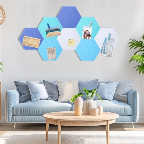 Mooliwe 8 Pcs 12 Inch Hexagon Cork Board Tiles Pins Clips, Blue - color: Blue