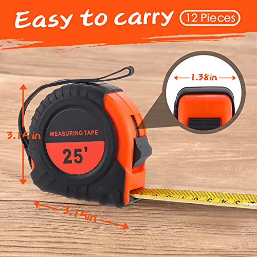 Xuhal 12 Pieces 25 ft Tape Measures Bulk Retractable Measuring Tapes Easy Read Measurement with Pause Buttons for Adults Engineer Decorator, Standard Inches and Metric