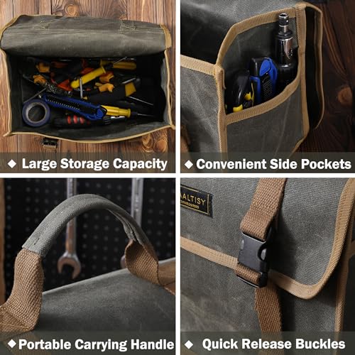 Canvas Tool Tote Bag | 16OZ Waxed Canvas Hand Tools Carrying Bag, Portable Tool Storage Bag with 1 Large Pocket + 2 Side Pockets - for Mechanics Truck Drivers Craftsman | Army Green - color: ArmyGreen