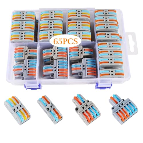 65 Pcs Lever Wire Connectors, Electrical Compact Splicing Wire Connectors Assortment Kit with Storage Box, Quick Disconnect & Flame Retardant Wire Connectors for AWG 28-12 - color: 65PCS mixed connectors