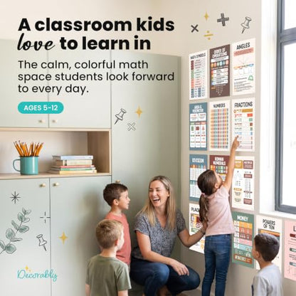 Decorably 20 Boho Math Posters for Classroom, 11x17in