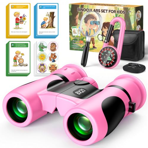 8x21 Kids Binoculars with 25 Scavenger Hunt Cards|Compass|Magnifying Glass, 3-12 Year Old Girls Birthday Gift Outdoor Explorer Kit for Girl Kid Ages 4-6-8-12 STEM Camping Toy Bird Watching Hiking - color: Pink