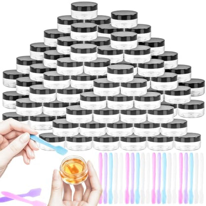48PCS 10g Empty Clear Containers with Lids,Refillable Makeup Sample Containers, Small Sample Pot Jars Travel Makeup Container with Mini Spatulas for Liquid Powder Creams Lotions,Black Lid - color: Black, size: 10g