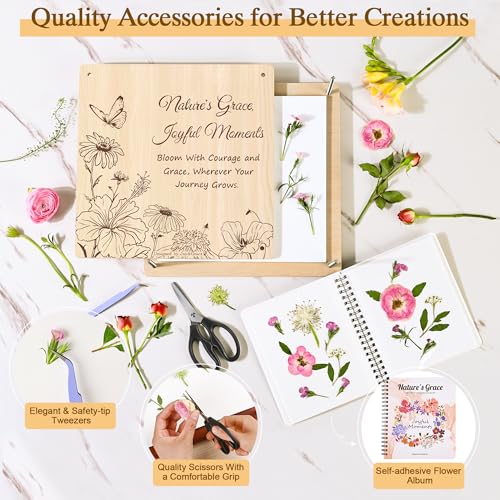 Joy&Grace Large Flower Press Kit for Adults with Designed Cover and DIY Album,10 Layers Plant Press and Plant Drying Toolkit, Flower Preservation Kit, 10.9" x 10.9" (Color Box, Natural Wood) - color: Natural Wood