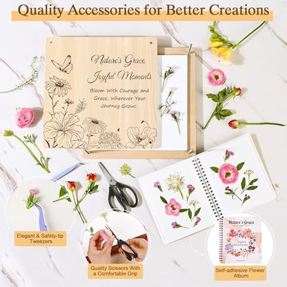 Joy&Grace Large Flower Press Kit for Adults with Designed Cover and DIY Album,10 Layers Plant Press and Plant Drying Toolkit, Flower Preservation Kit, 10.9" x 10.9" (Color Box, Natural Wood) - color: Natural Wood