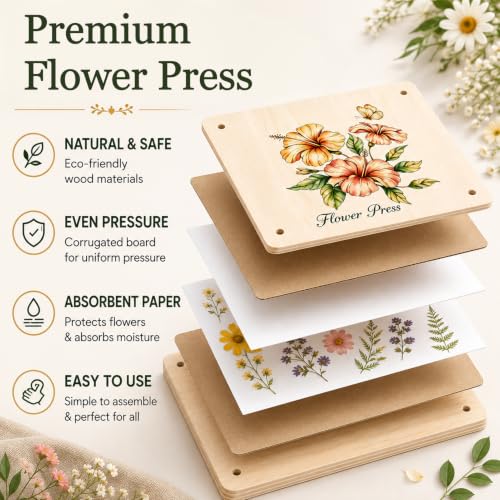 LNOVANT Wooden Flower Pressing Kit 11x11 | 10 Layers 40 Laminating Labels