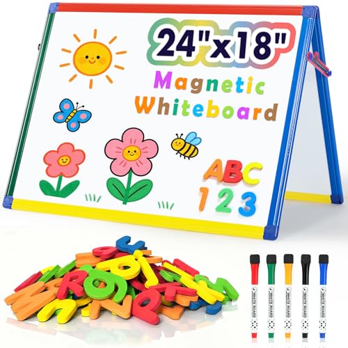 SWANCROWN Magnetic Board for Kids - Tabletop White Board for Children- 24x18 Inch Double Sided Foldable Dry Erase Board Standing with 82Pcs Alphabet Magnets Whiteboard Letters - color: ‎tabletop Whiteboard