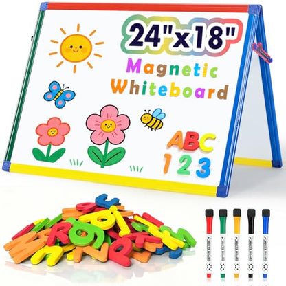 SWANCROWN Magnetic Board for Kids - Tabletop White Board for Children- 24x18 Inch Double Sided Foldable Dry Erase Board Standing with 82Pcs Alphabet Magnets Whiteboard Letters - color: ‎tabletop Whiteboard