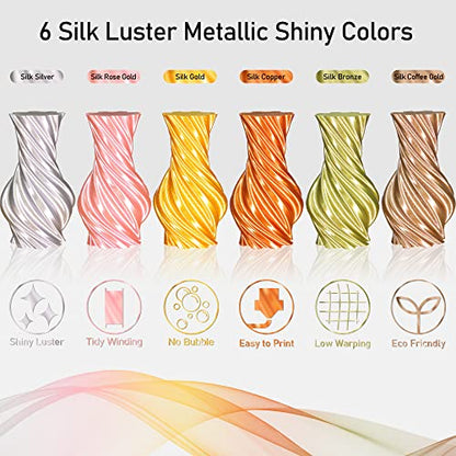 MIKA3D 6 Spools 1.75mm Silk PLA 3D Printer Filament Bundle, 6 Metallic Shiny Colors: Gold/Silver/Copper/Bronze/Coffee Gold/Rosegold, Each Spool 250g X 6 Spools, Total 1.5Kg 3D Printer Material - color: 6 Spools - Gold/Silver/Copper/Bronze/Coffee Gold/Rose