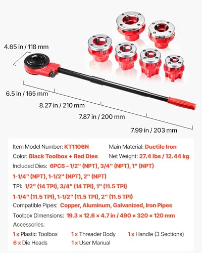 VEVOR Ratchet Pipe Threader Kit with 6 Dies, 1/2" NPT to 2" NPT Manual Ratcheting Pipe Threading Tool, Portable Pipes Threader Set with Toolbox for Plumbing Installation & Repair - size: 1/2" - 2"