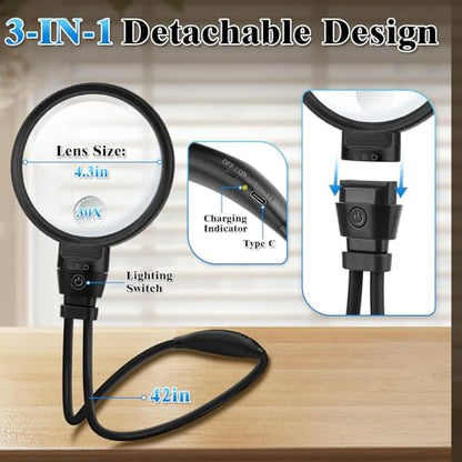 Large 30X 10X Hands Free Magnifying Glass with Light for Reading