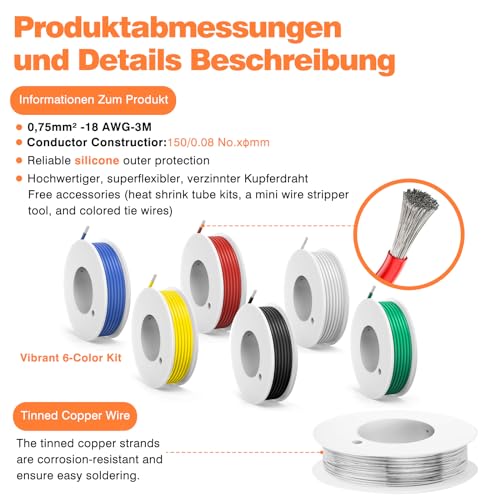18 AWG Silicone Wire Kit, 6 Colors x 10 ft, Tinned Copper - size: 18AWG Silicone Electrical Wire-10FT
