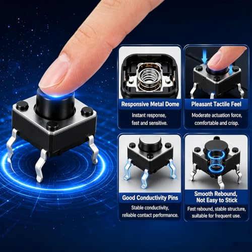 TWTADE 100Pcs Micro Momentary Tactile Push Button Switch 6x6x4.3mm 4Pin Tact Switch Assortment Kit - color: Black-4 Pin/100Pcs