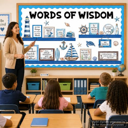 Nautical Bulletin Board Set Inspirational Ocean Classroom Bulletin Board Decoration Back to School Positive Paper Cutouts for School Home Office Teacher Classroom Wall Door Decor Supplies - style: Nautical