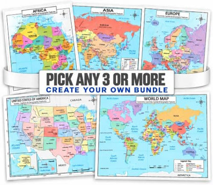 Custom Map Posters, Choose 3 or More, 11x17 Laminated Geography Charts - color: 01 - Any 3-14 Maps