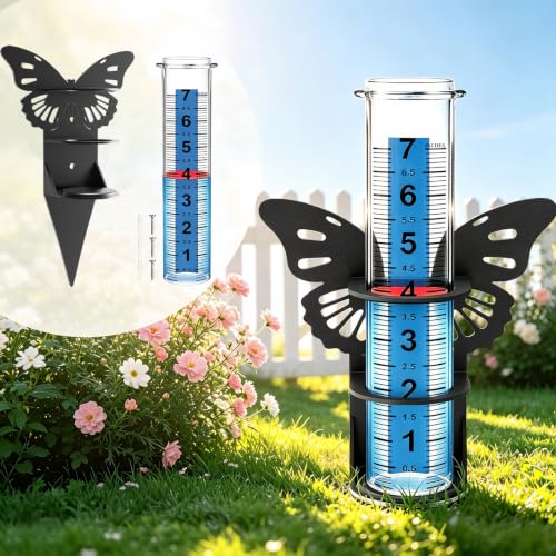 Rain Gauge Outdoor,7" rain gauges Outdoors Best Rated, Butterfly-Style Decorative Rain Measure Gauge, Easy to Read with Red Float, Large Plastic Replacement Tube for Yard Garden