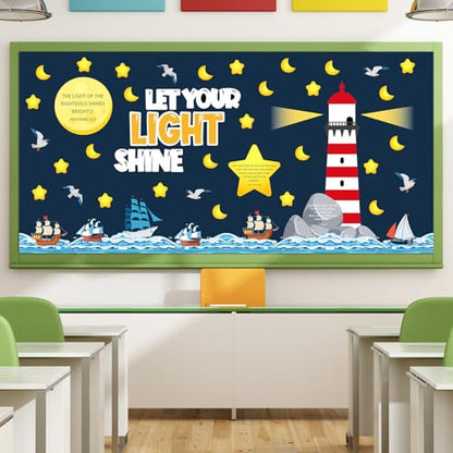 109Pcs Christian Religious Bulletin Board Set Let Your Light Shine Classroom Decoration VBS 2026 Bible Verse Lighthouse Paper Cutout for Church Easter Sunday School Chalkboard Door Wall Decor - style: Shining Light